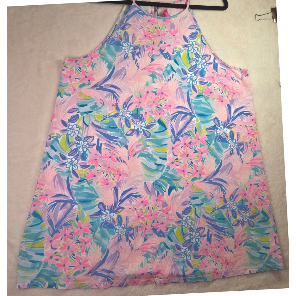 Lilly Pulitzer Halter Dress Womens XXL Pink Floral Good Pima Cotton Tassel Tie - Picture 2 of 10